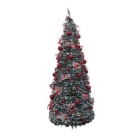 Árbol de Navidad Plegable Nevado c/Luces 2.10 m - Bombas Rojas y Lazos Beige